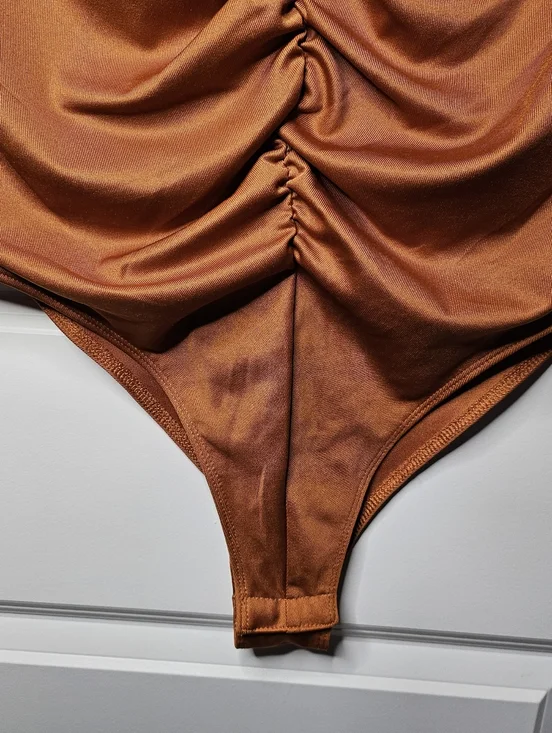 A New Day Ruched Bodysuit Size Large Burnt Orange Deep V Neck Long Sleeve Office - Picture 5 of 9